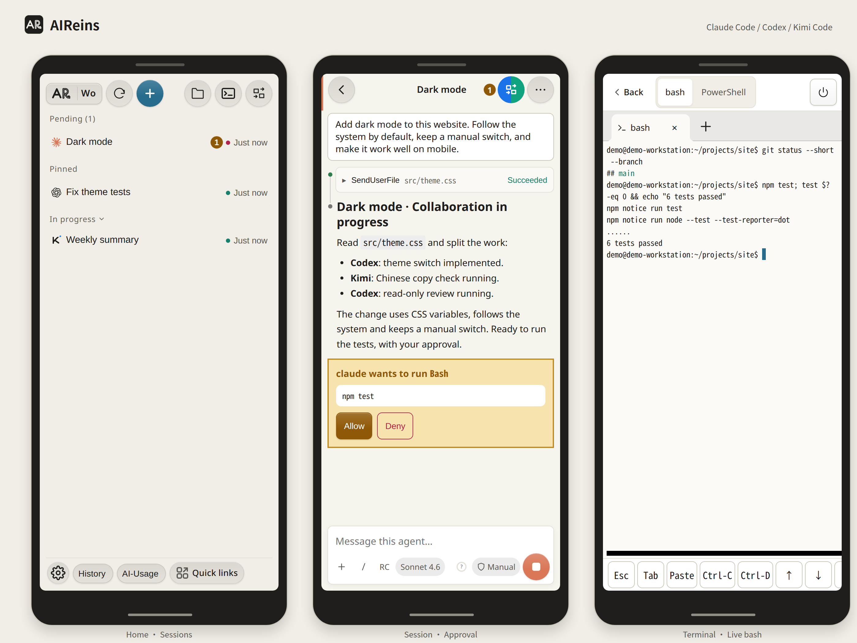 Three phone screens: the session list, a session with an approval card, and the terminal